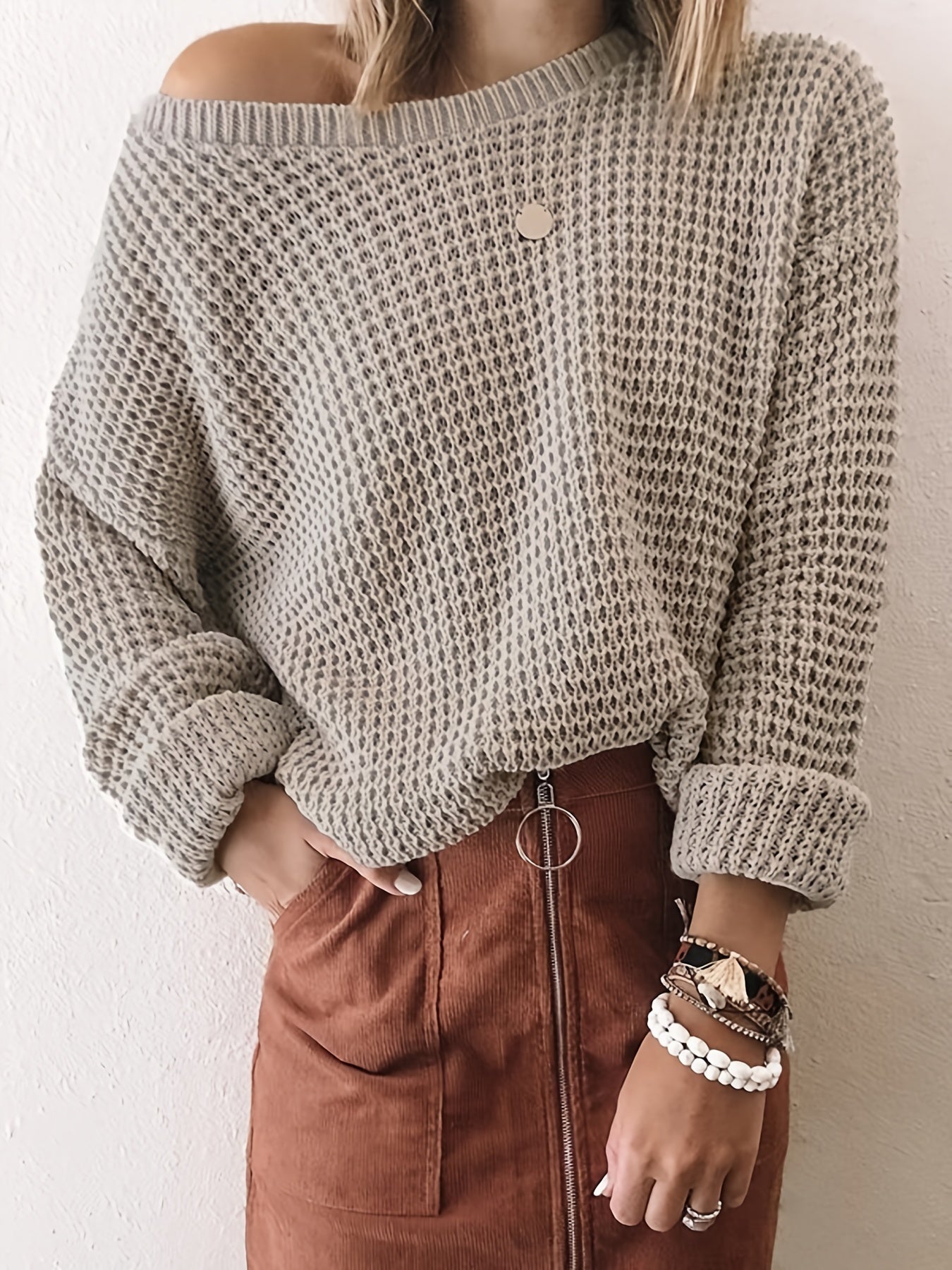 Casual Sweater Women's Plus Solid Long Sleeve Round Neck Knit Pullover