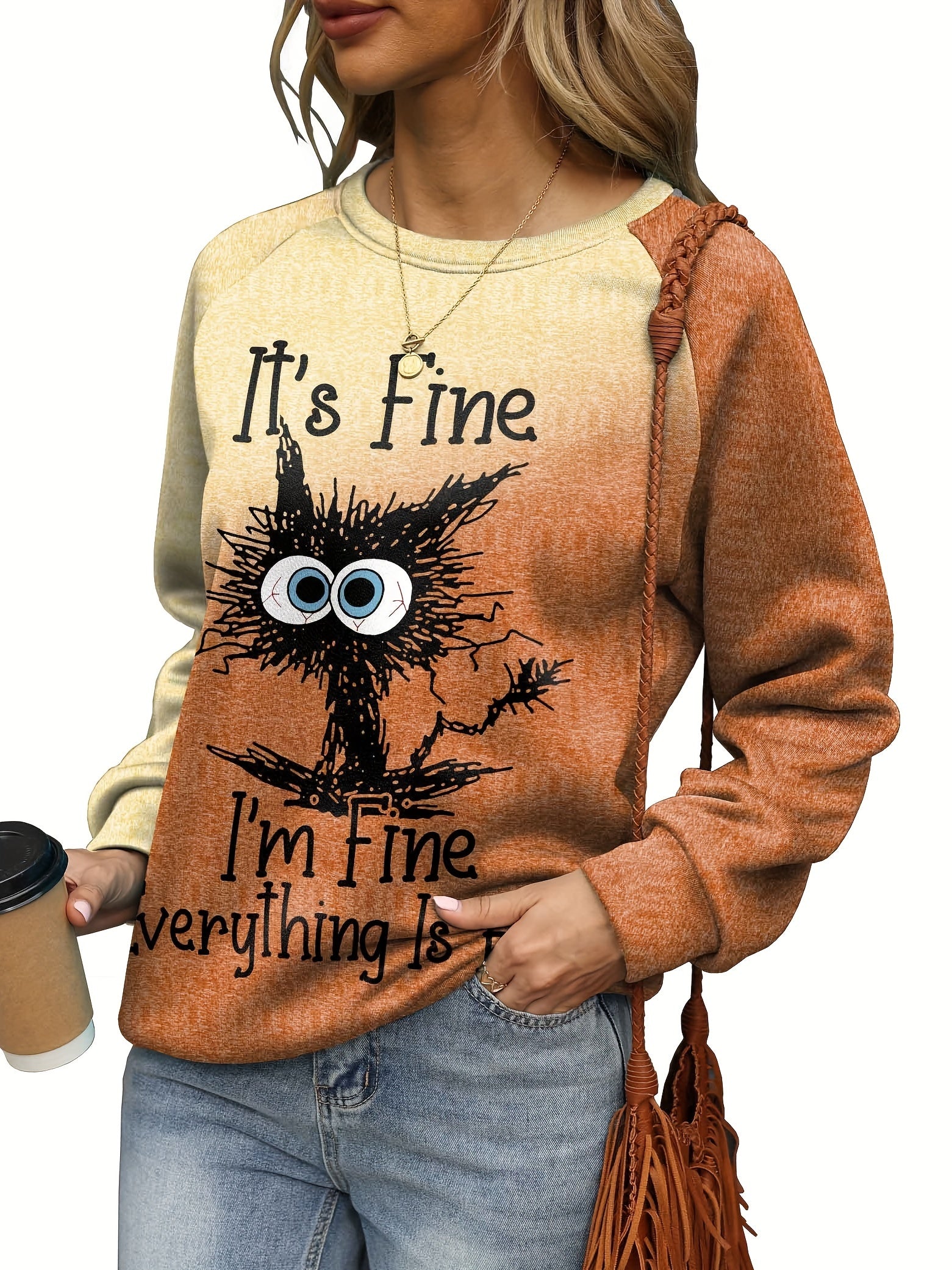 Cat & Letter Print Sweatshirt for Women