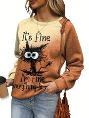 Cat & Letter Print Sweatshirt for Women
