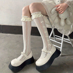 Floral Lace Bow Calf Socks Lolita Ruffle Knee High Socks