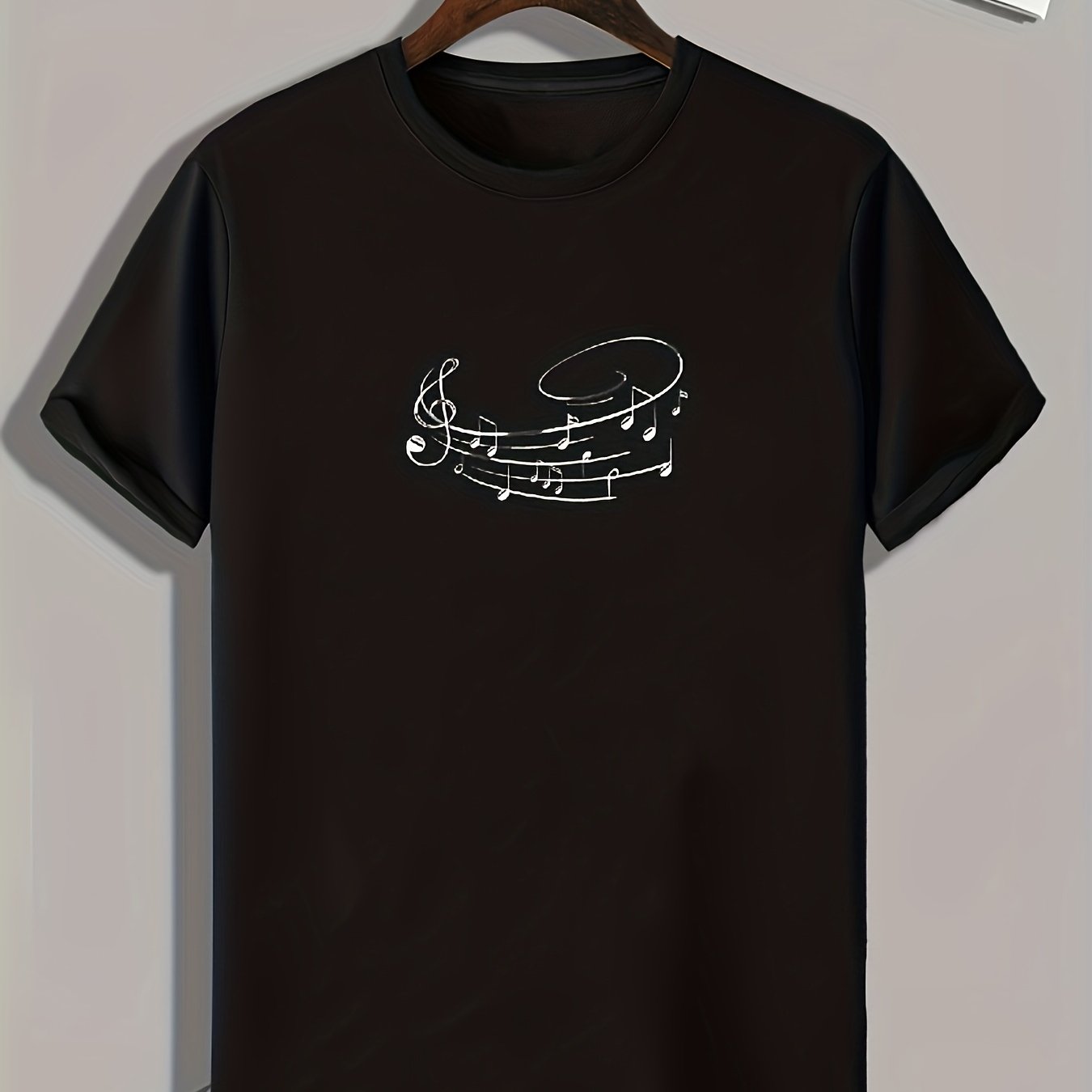 Music Note Print Men's Comfy T shirt Active Slightly Stretch