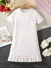 Girls Cherry Print PJ Nightdress Ruffle Decor Short Sleeve Round Neck Dress