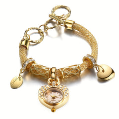 Golden Heart Bracelet Watch with Faux Diamond Studded Quartz Alloy