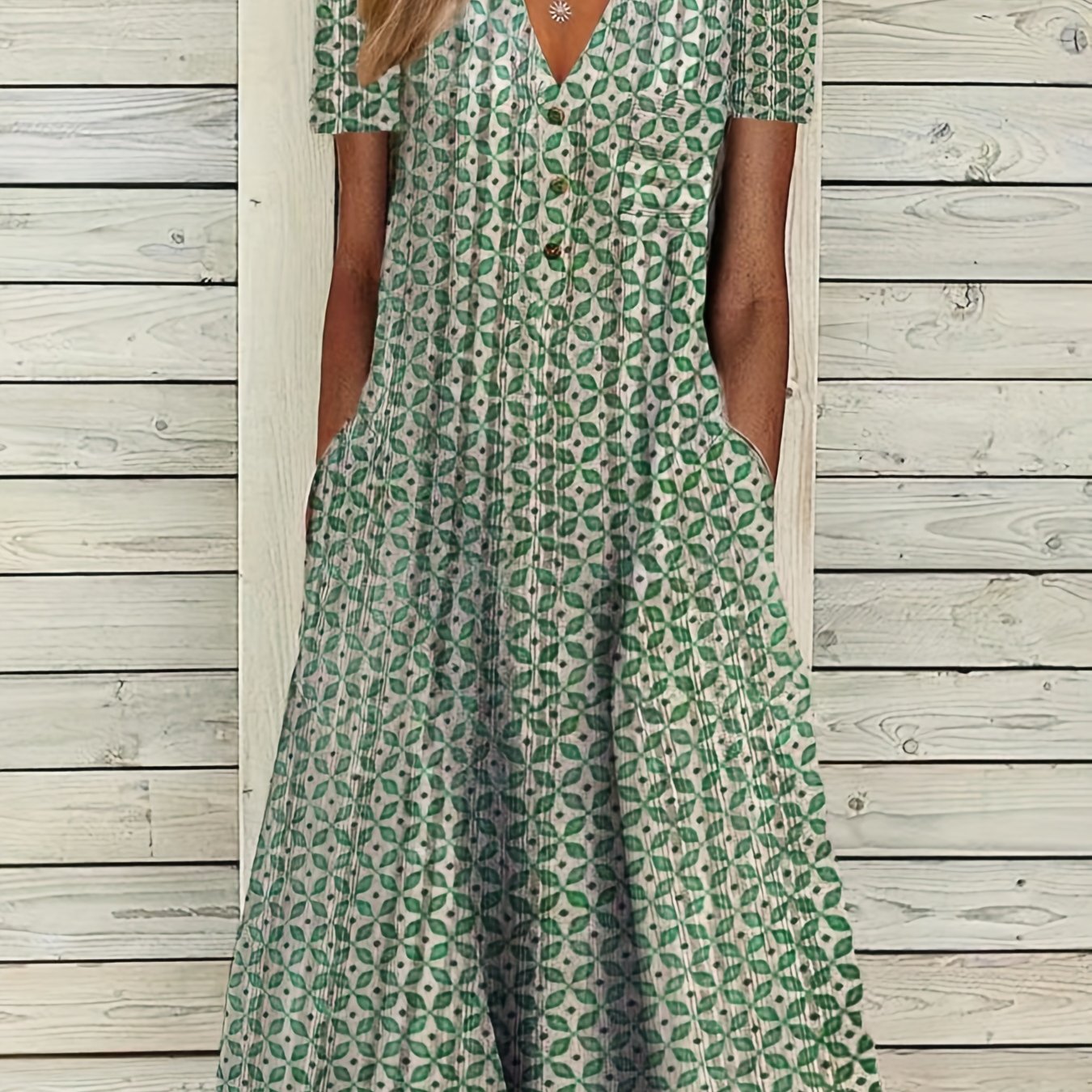 Button Front Allover Print Dress Casual Short Sleeve Dress