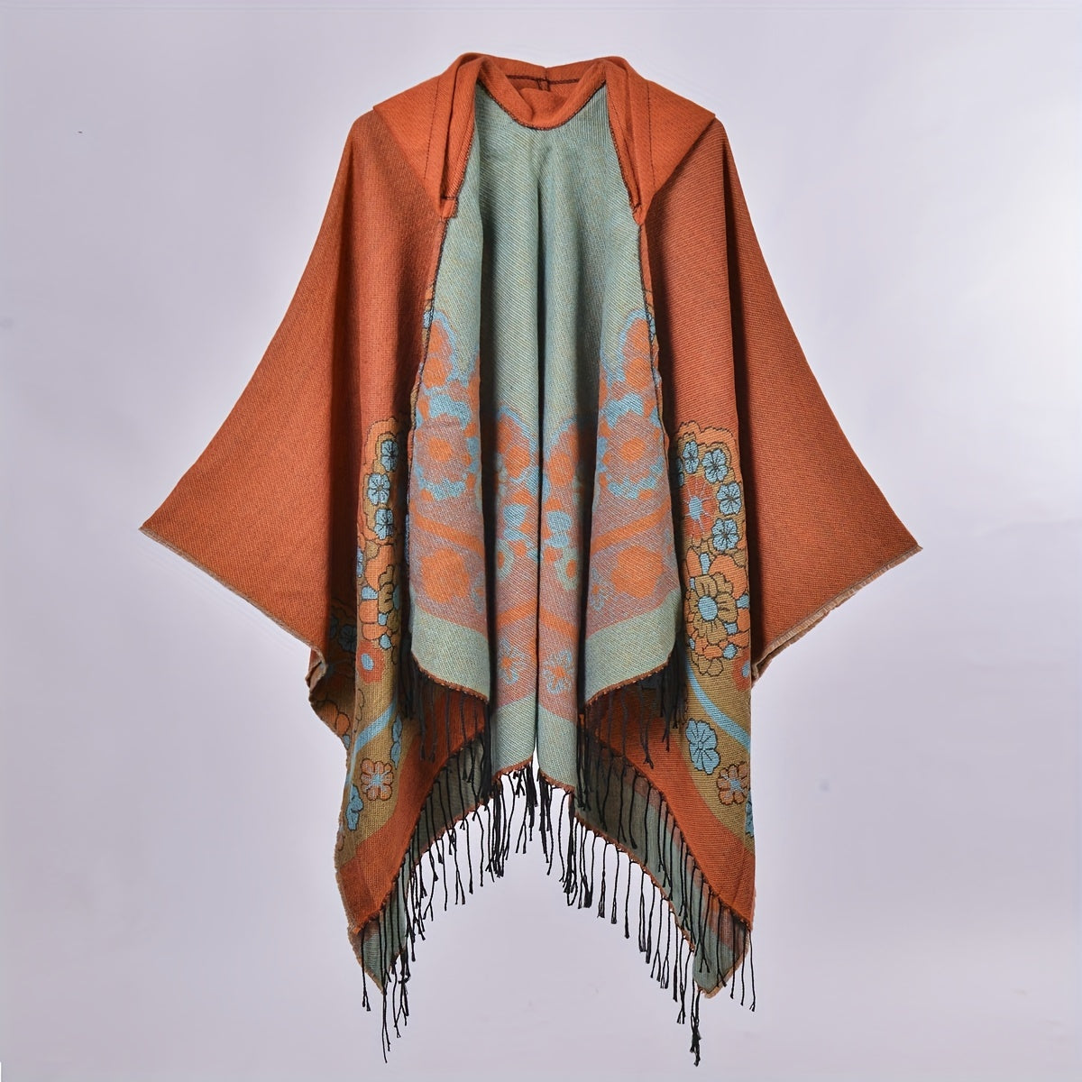 Boho Flower Jacquard Shawl Cashmere Tassel Warm Wrap Vintage Cape