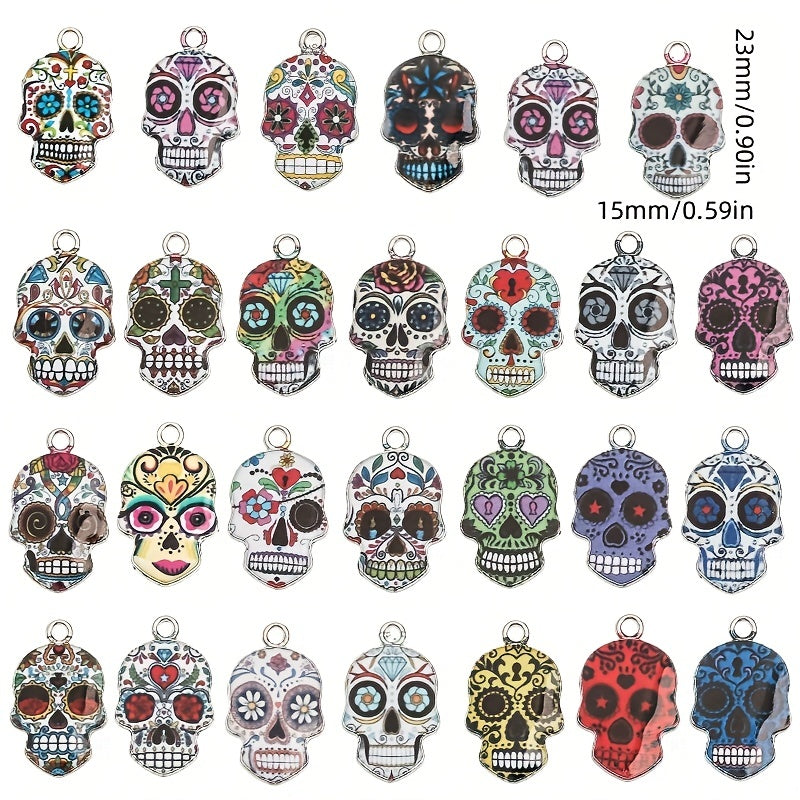 10pcs Mixed Colorful Skull Head Pendants - Halloween DIY Accessory