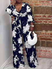 Floral Print Long Sleeve Wide Leg Jumpsuit