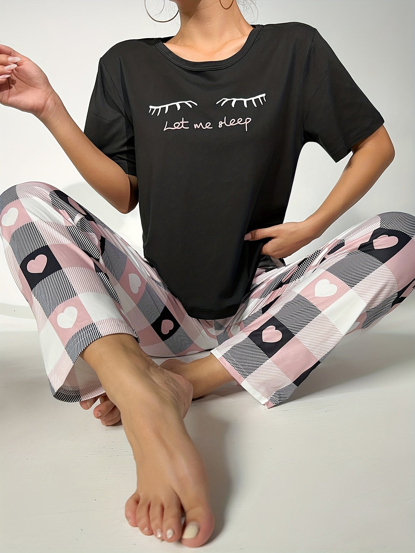Letter Print Pajama Set Short Sleeve Top & Plaid Pants