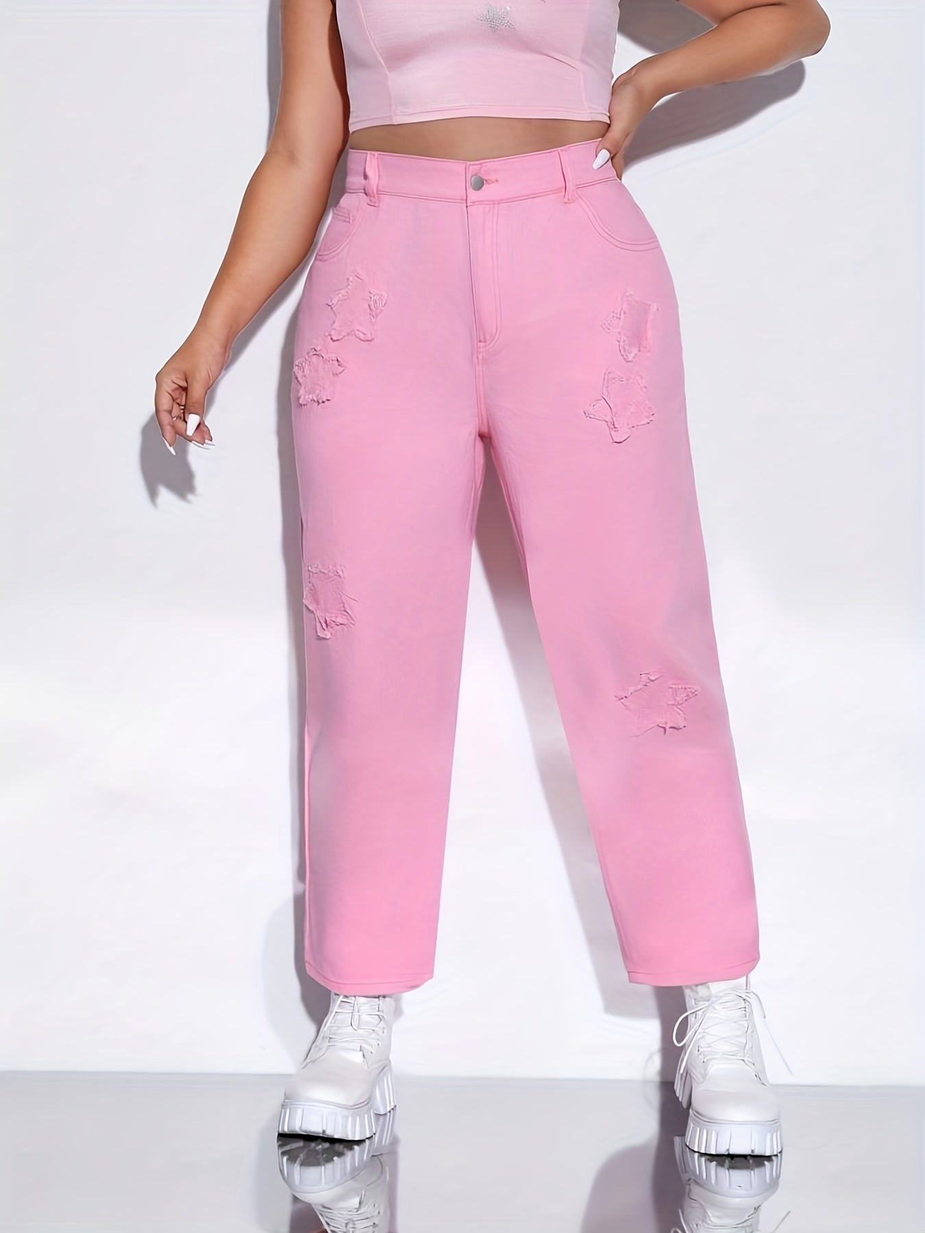 Pink Star Pattern Raw Seam Straight Jeans Loose Fit Non Stretch Casual Denim Pan