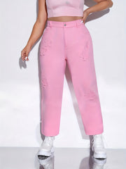 Pink Star Pattern Raw Seam Straight Jeans Loose Fit Non Stretch Casual Denim Pan