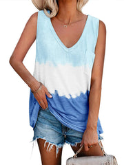 Tie Dye V Neck Cami Top Sleeveless Loose Pocket Fit Tunic Tank Top