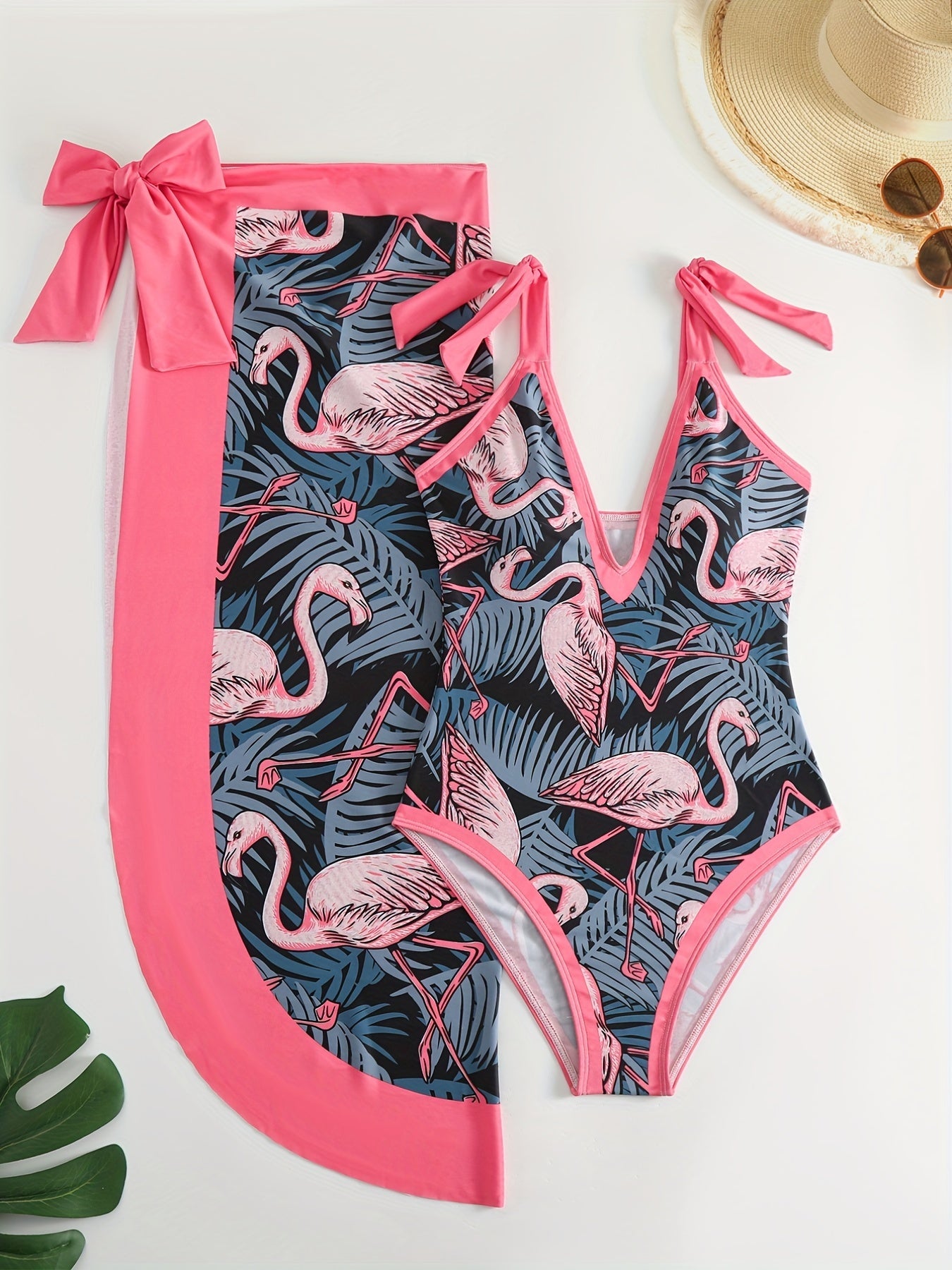 Flamingo Leaf Print One Piece Swimsuit with Cover Up Set