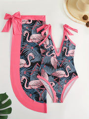 Flamingo Leaf Print One Piece Swimsuit with Cover Up Set