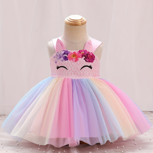 Baby Girls Unicorn Floral Mesh Gown Dress For Party