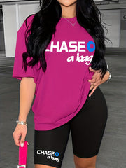 Casual Letter Print Two piece Set Crew Neck Tee & Slim Shorts