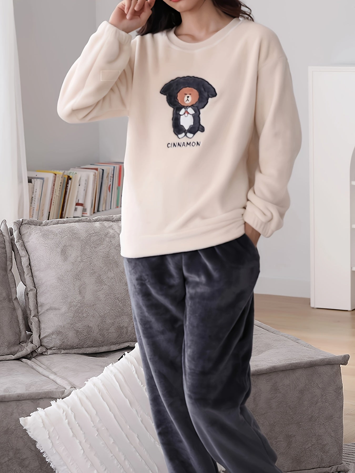 Bear Print Fuzzy Lounge Set Long Sleeve Top & Elastic Waistband Pants