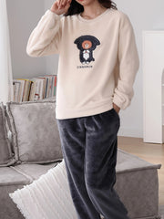 Bear Print Fuzzy Lounge Set Long Sleeve Top & Elastic Waistband Pants