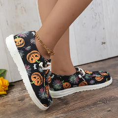 Women's Pumpkin Print Canvas Lace Up Sneakers Lightweight Outdoor Shoes