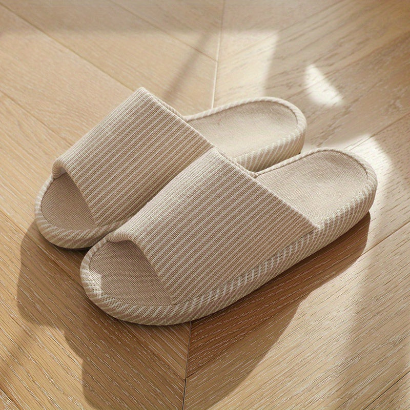 Women's Striped Home Slippers Soft Open Toe Flat Mute Shoes