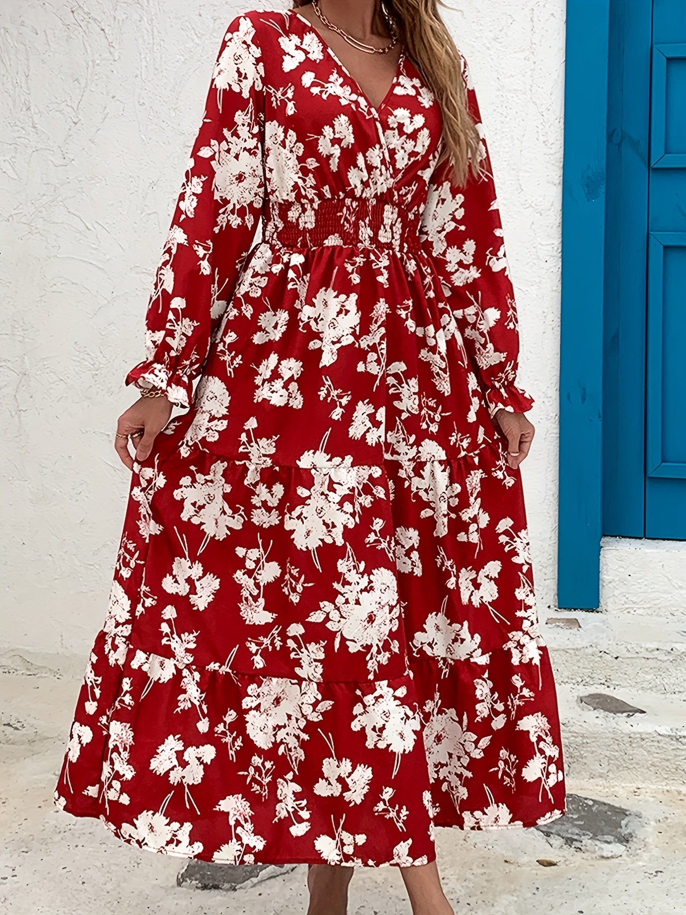 Floral Shirred Waist Maxi Dress Surplice Neck Lantern Sleeve