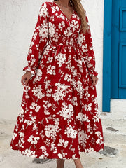 Floral Shirred Waist Maxi Dress Surplice Neck Lantern Sleeve