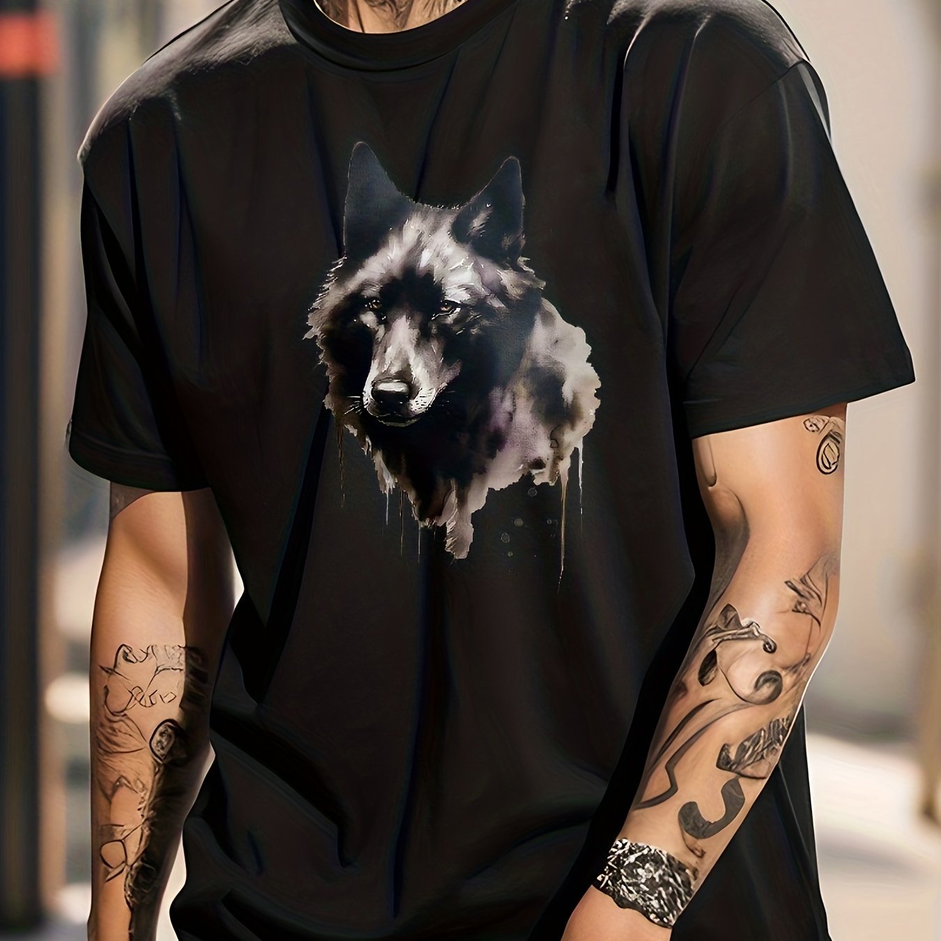Cotton Wolf Painting Print Men's Graphic Crew Neck T-shirt