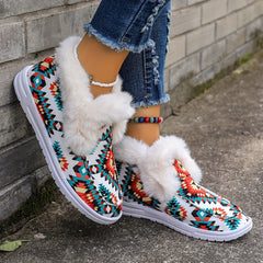 Women's Winter Flats Geometric Pattern Plush Thermal Canvas Shoes
