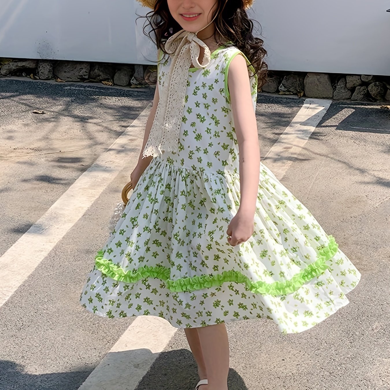 Girls Floral One piece Dress Sleeveless Crew Neck Princess Dress
