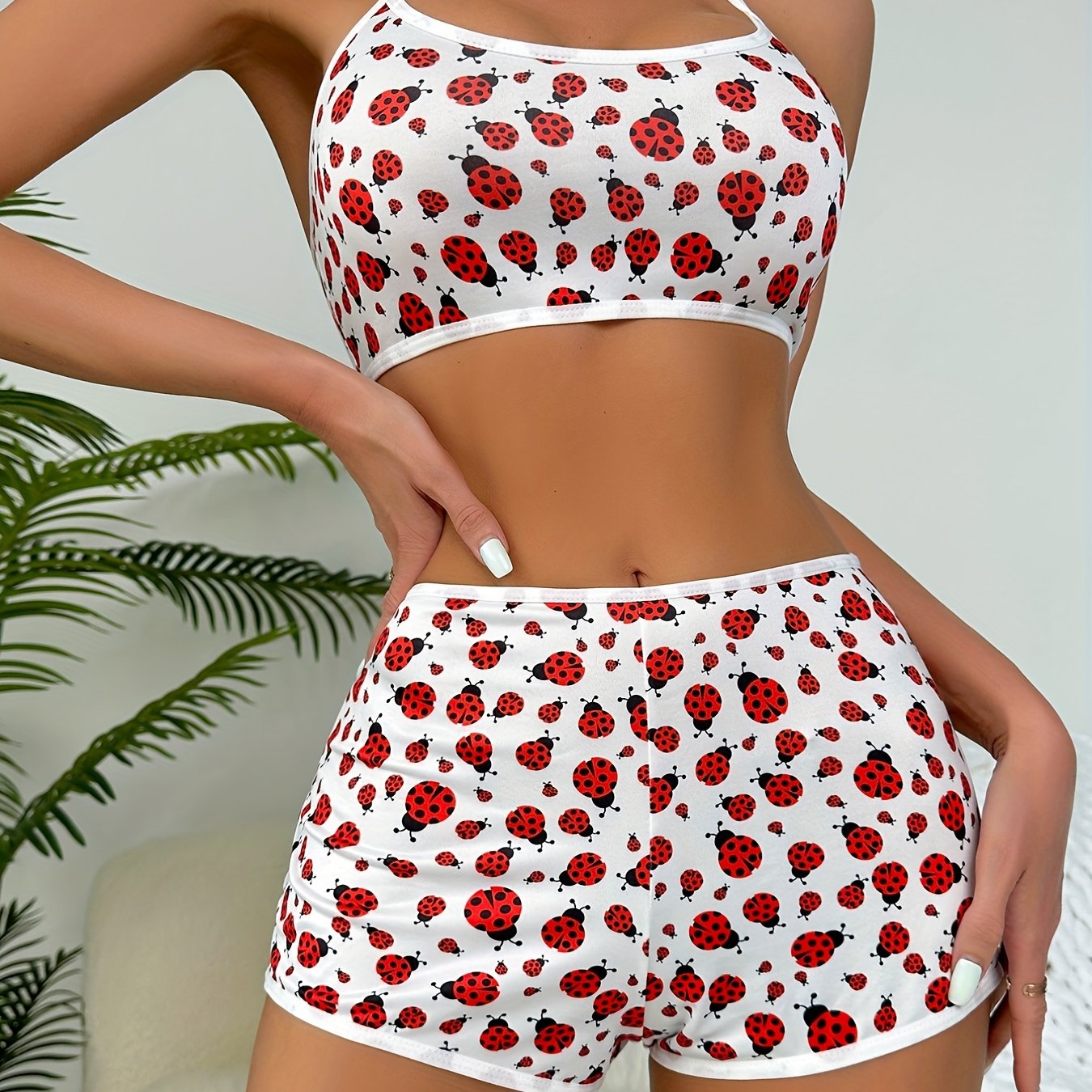 Ladybug Print Bra & Panties Lace Up Set Women's Lingerie
