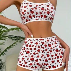 Ladybug Print Bra & Panties Lace Up Set Women's Lingerie