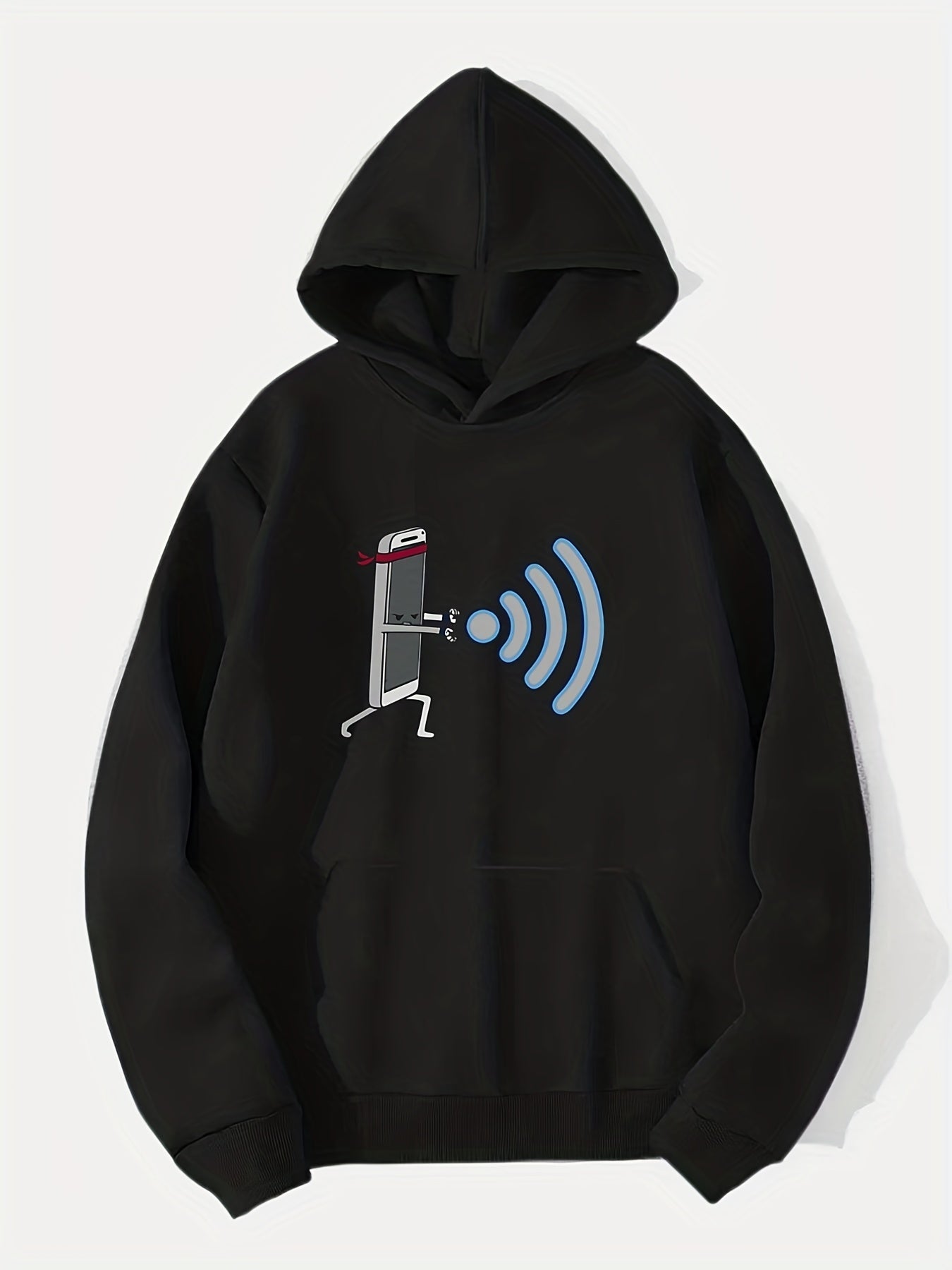 Comic Phone & WiFi Signal Print Hoodie Men's Graphic Pullover Hoodie