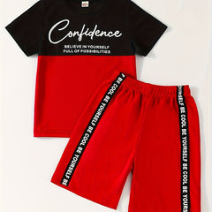 Boy's Confidence Print T-shirt & Shorts Set for Summer