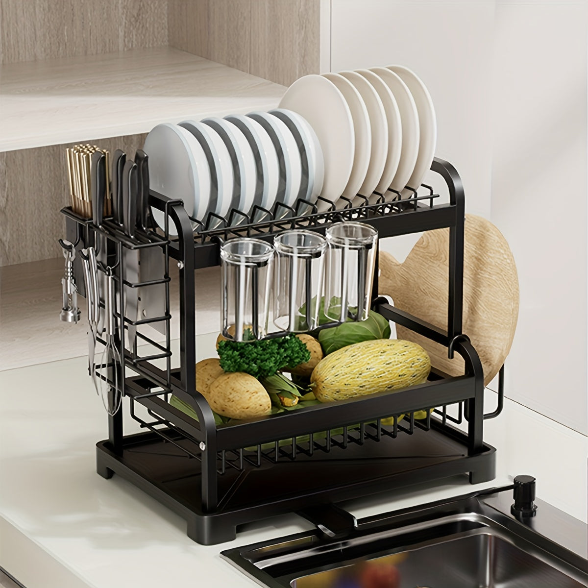 2 Tier Dish Drying Rack with Drain Hole & Utensil Holder
