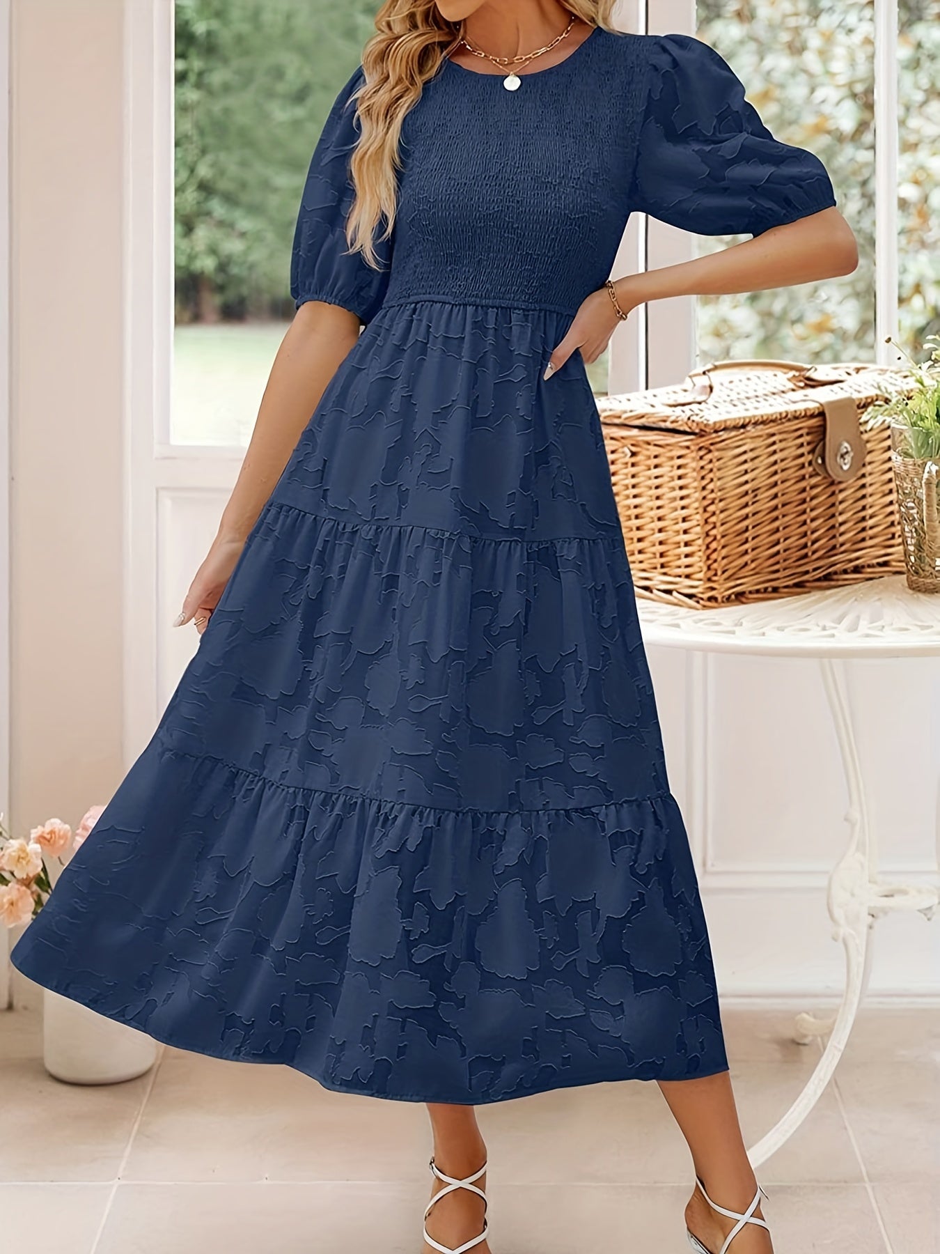 Jacquard Crew Neck Maxi Dress Ruched Short Sleeve