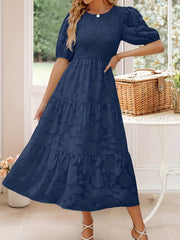 Jacquard Crew Neck Maxi Dress Ruched Short Sleeve