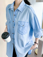 Colorblock Button Up Long Sleeve Denim Shirt