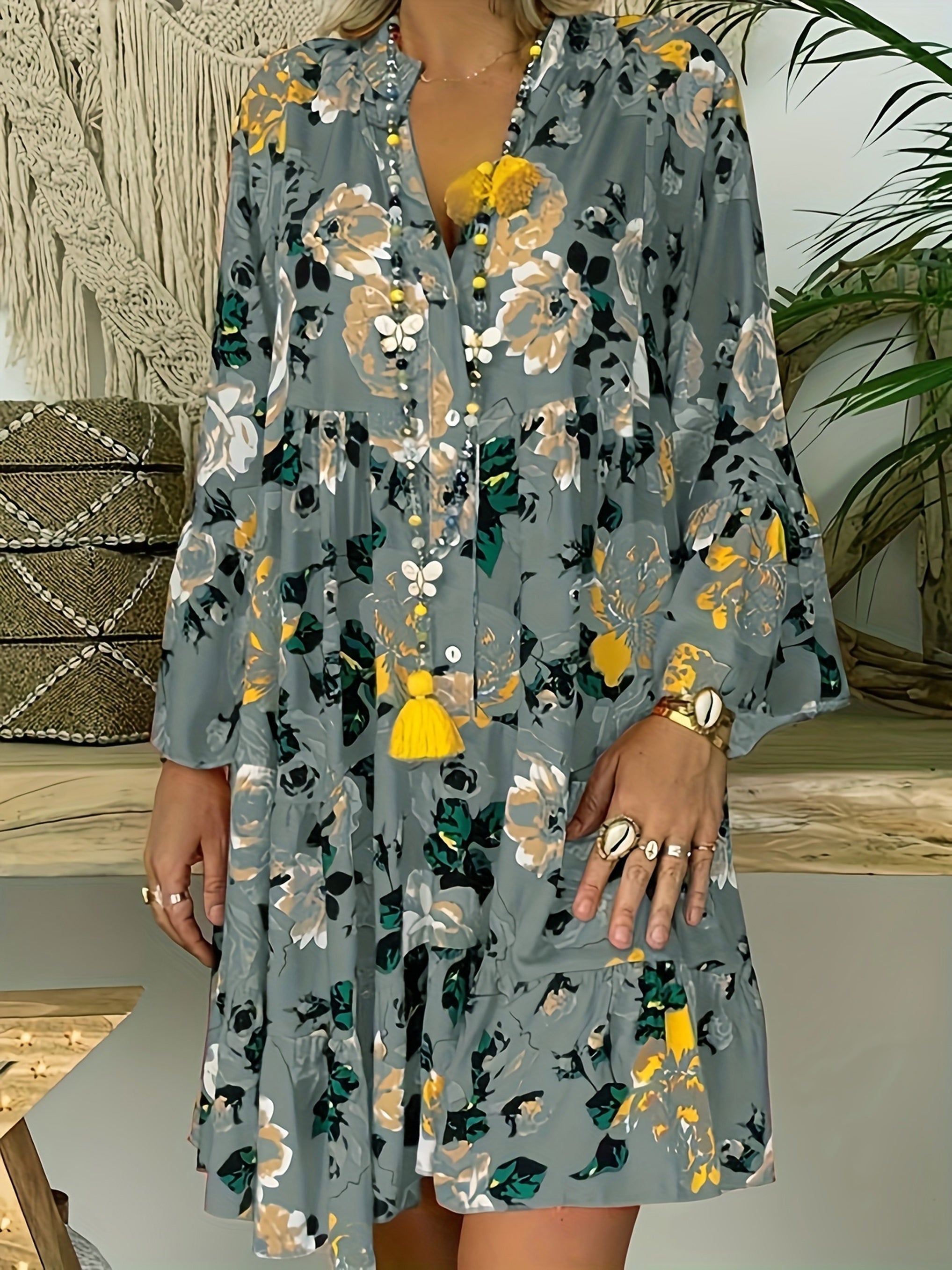 Floral Print Bell Sleeve Smock Dress