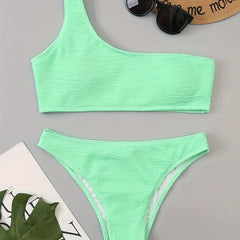 Green Embossed Striped Print Bikini Set One Shoulder High Cut 2 Pieces Swimsuit