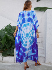 Boho Cover Up Dress Bat Sleeve V Neck Tie Dye Slight Stretch