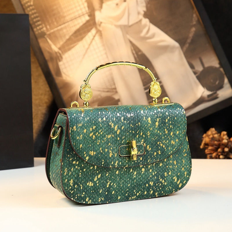 Modern Snake Pattern Handbag with Golden Tone Hardware