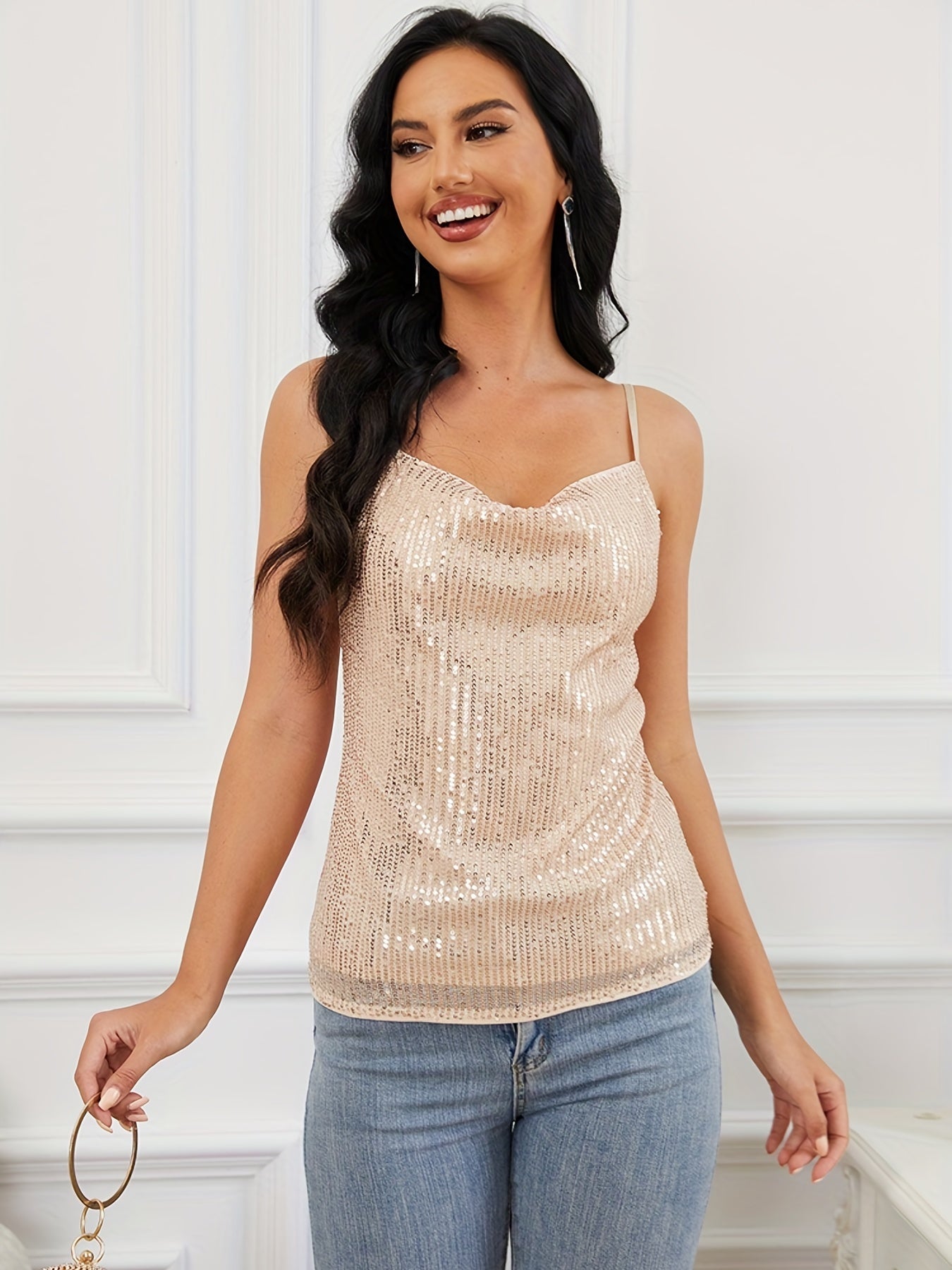 Sequined Cowl Neck Cami Top Backless Spaghetti Strap