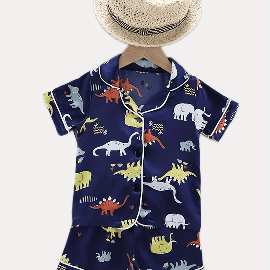 Boys Dinosaur Pajama Set Short Sleeves & Bottoms Cozy Homewear