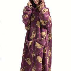Sloth Print Fleece Robe Hooded Blanket