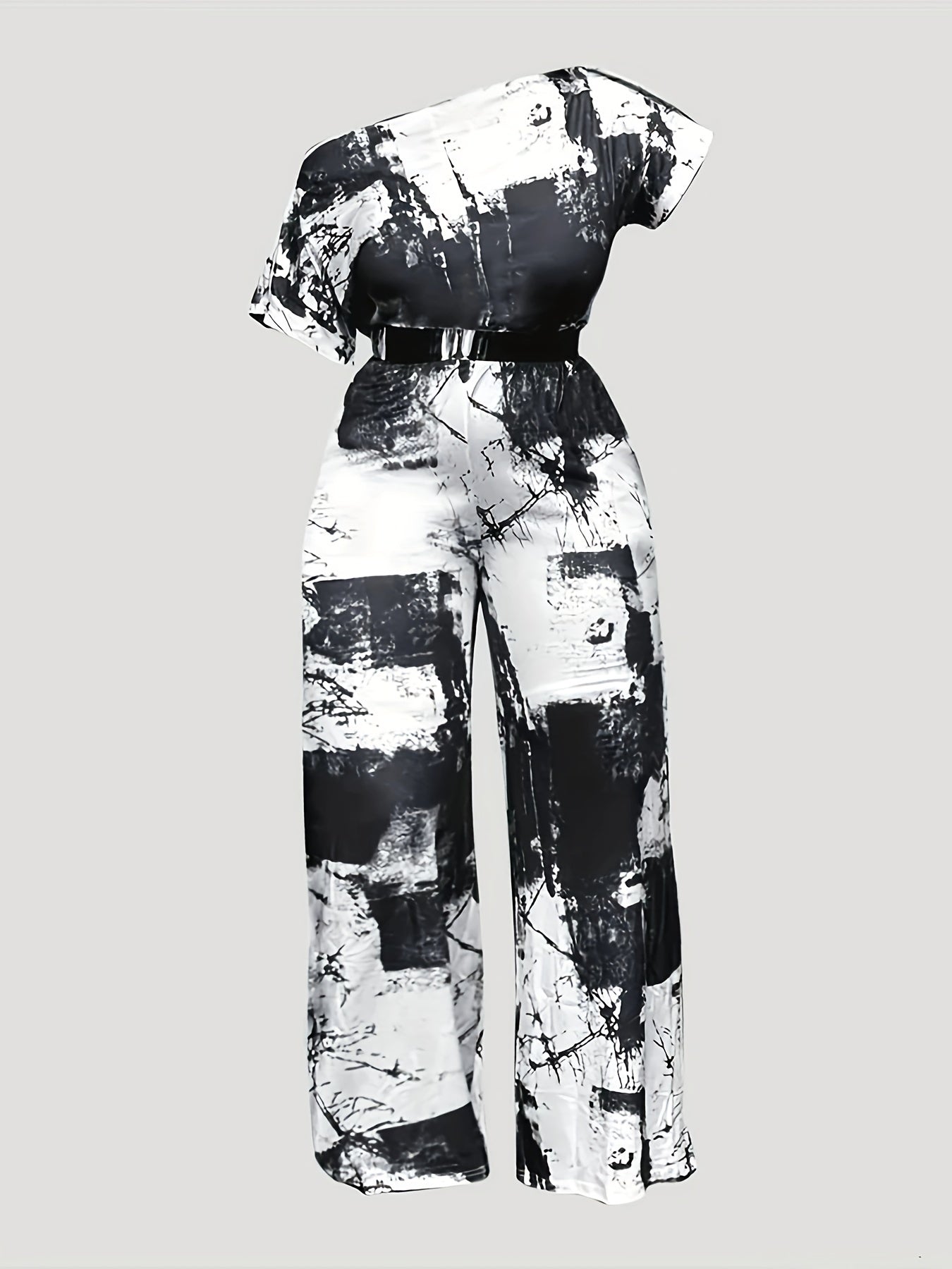 One Shoulder Wide Leg Jumpsuit With Metal Belt
