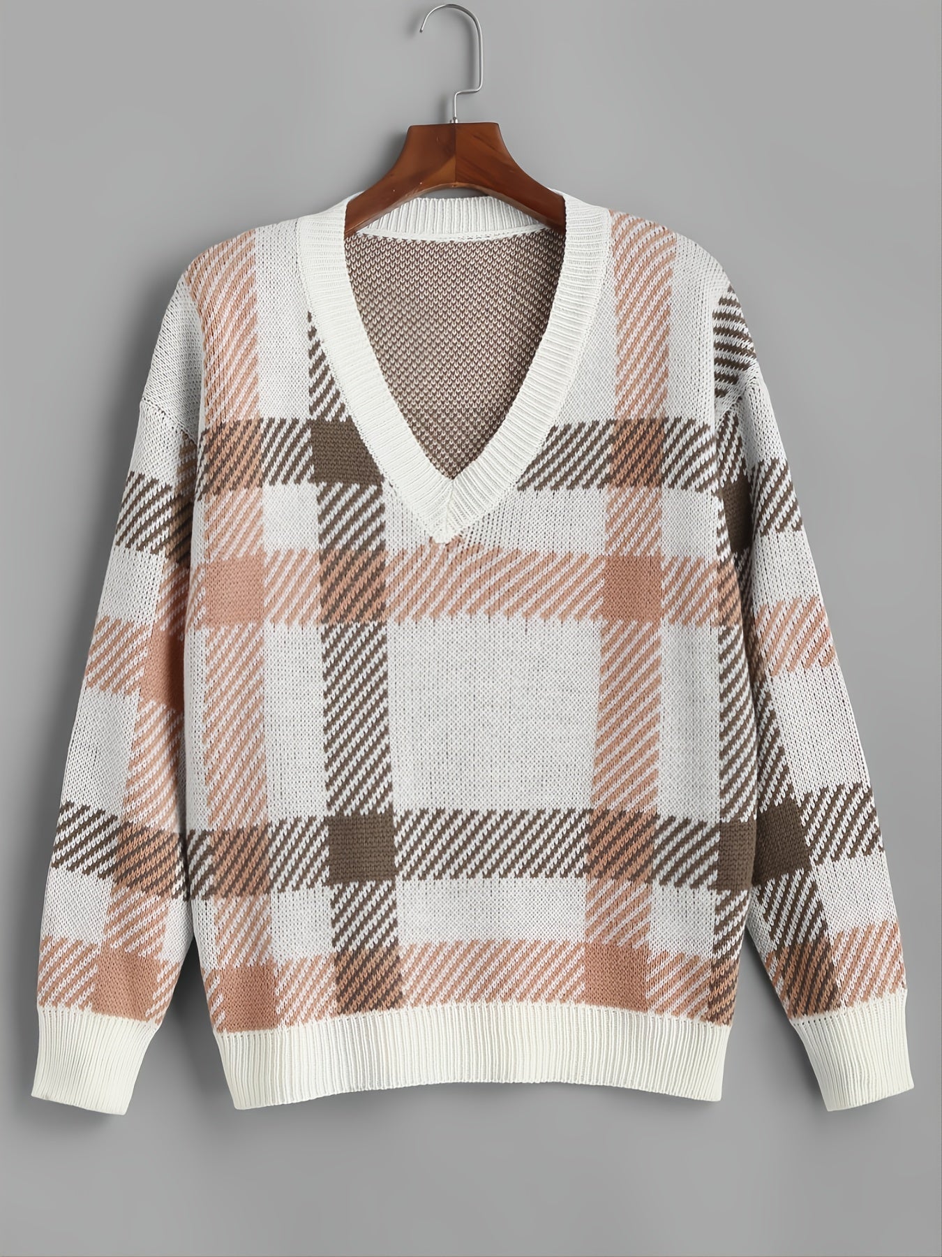 Gingham V Neck Sweater High Stretch Casual