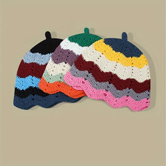 Striped Beanie Y2K Hollow Crochet Cloche Hat Lightweight Knit Skull Cap