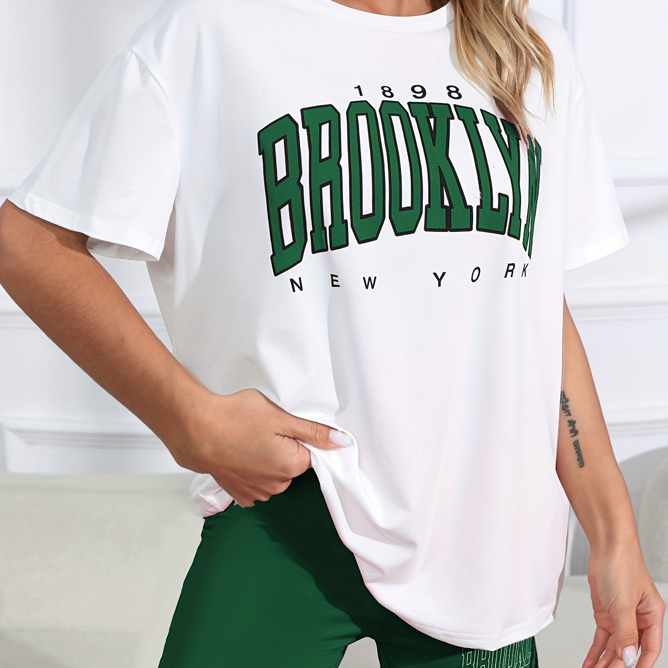 Casual Loungewear Set Women's Plus Letter & Number Print Round Neck T