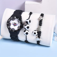 Boys' Soccer Watch Set 3pcs Silicone Strap Quartz Sports Football Motifs