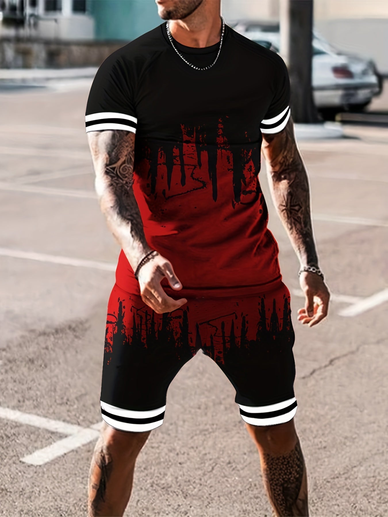Men's 2Pcs Outfits 3D Print Short Sleeve T-shirt & Drawstring Shorts Set