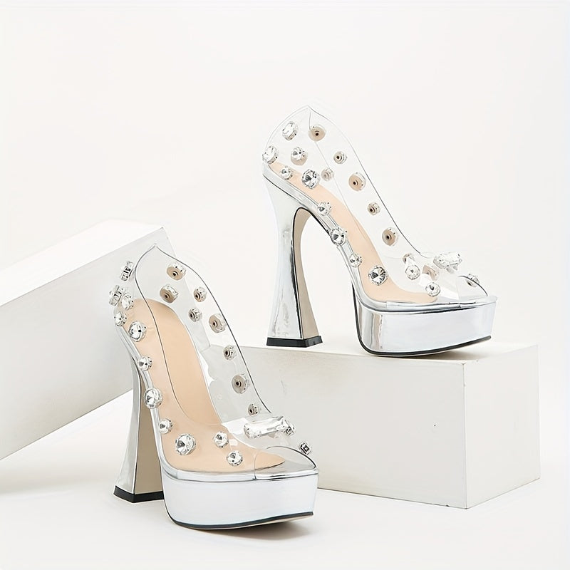 Rhinestone Platform Peep Toe Heels Non-slip Summer Dress Shoes
